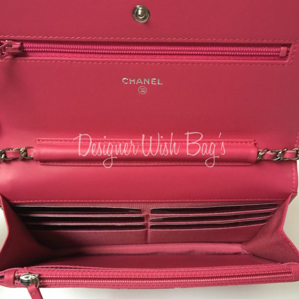 Chanel WOC in Pink diamond quilted Patent Leather with silver hardware.