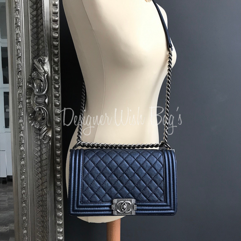 Chanel Navy Blue Cube Embossed Leather Medium Boy Bag Chanel