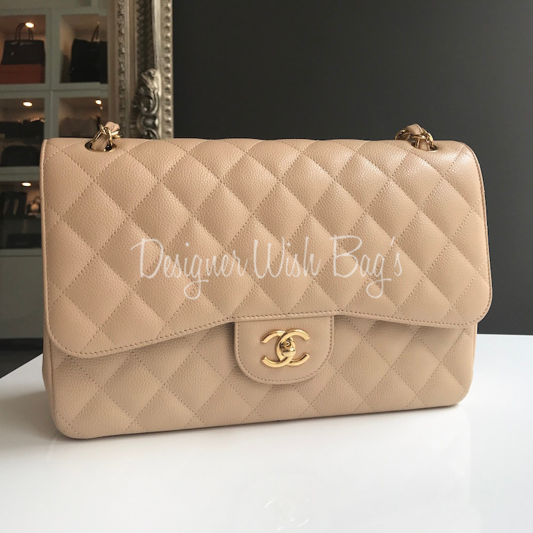 Chanel Double Flap Jumbo Beige Caviar Shoulder Bag. Silver hardware. Made  in France. Series 14xxx. With Certificate of Authentication From ZEKO.