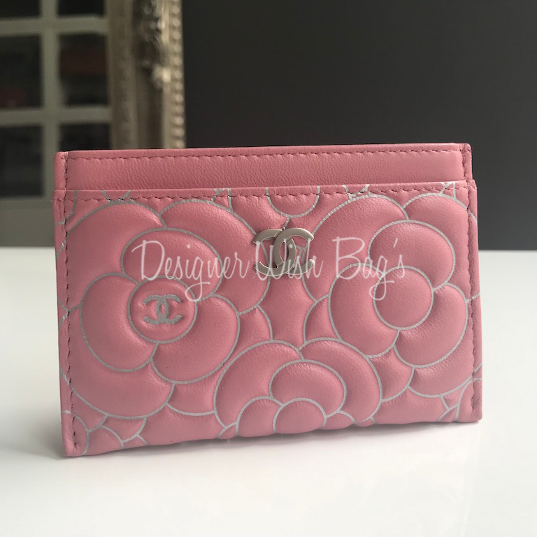 Chanel Card holder Pink/Silver Camellias - Designer WishBags