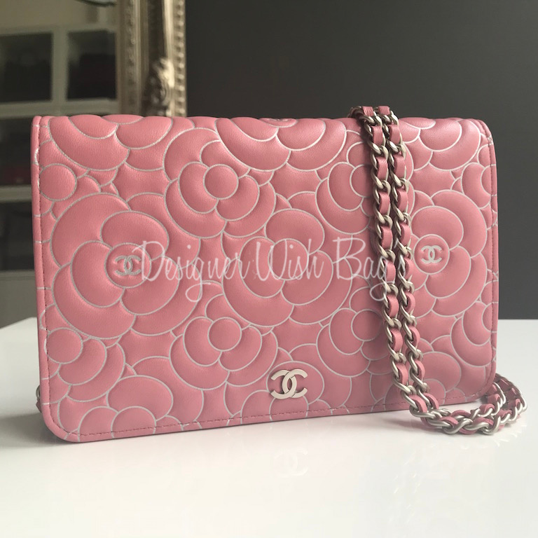 Chanel Camellia Wallet on Chain, Pink, Silver Hardware, New in Box