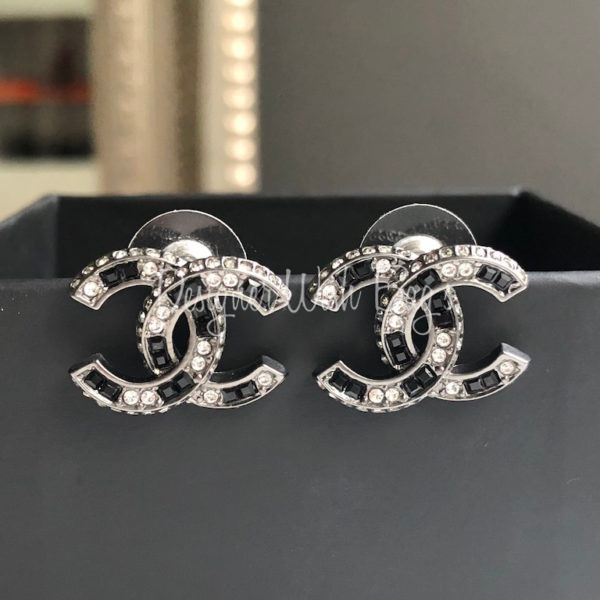 Chanel CC Black Crystal Silver Tone Earrings Chanel