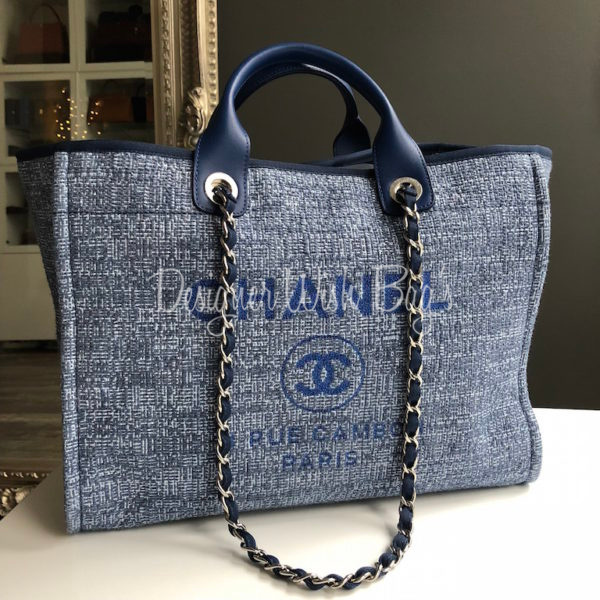 Chanel Small Deauville Shopping Bag Distressed Blue Denim Aged Silver  Hardware