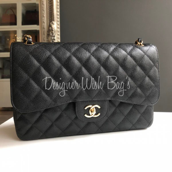 Chanel Black Quilted Caviar Jumbo Classic Double Flap Bag Gold Hardware