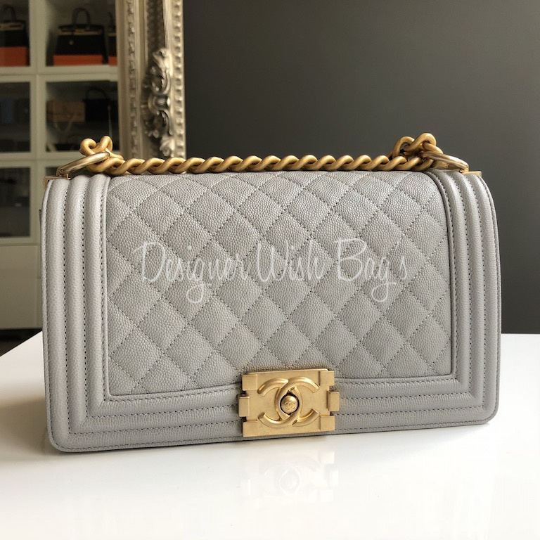 Chanel Le Boy Grey Medium Caviar with Brushed Gold Hardware Luxury Bags   Wallets on Carousell