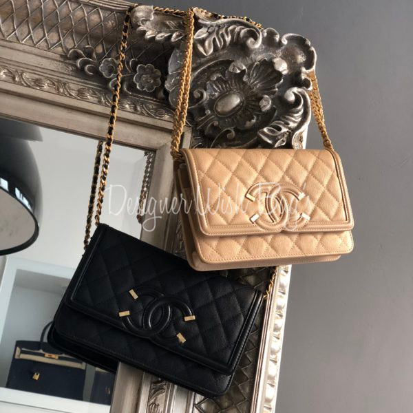 CHANEL Caviar Quilted CC Filigree Wallet On Chain WOC Beige Black 1185112