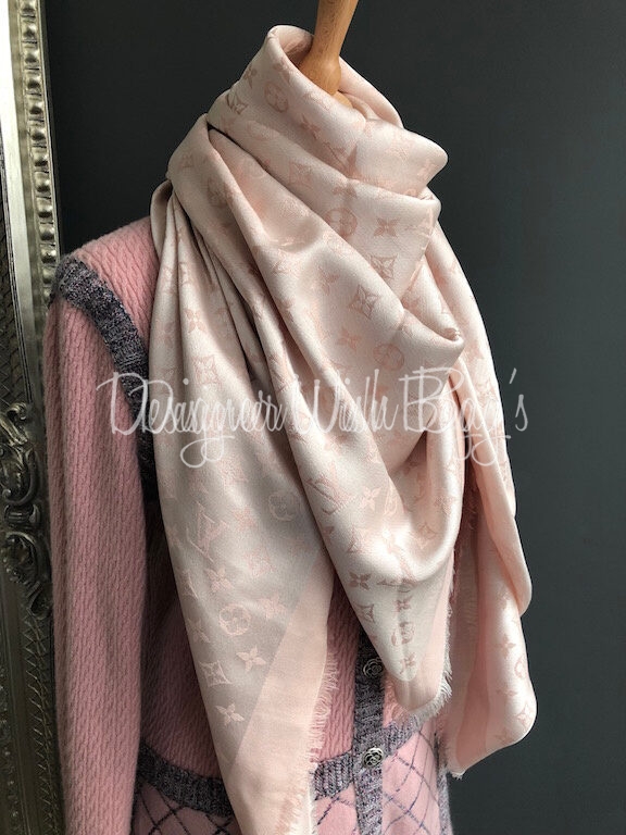 LOUIS VUITTON pink silk MONOGRAM DENIM 140 BEIGE ROSE Shawl Scarf