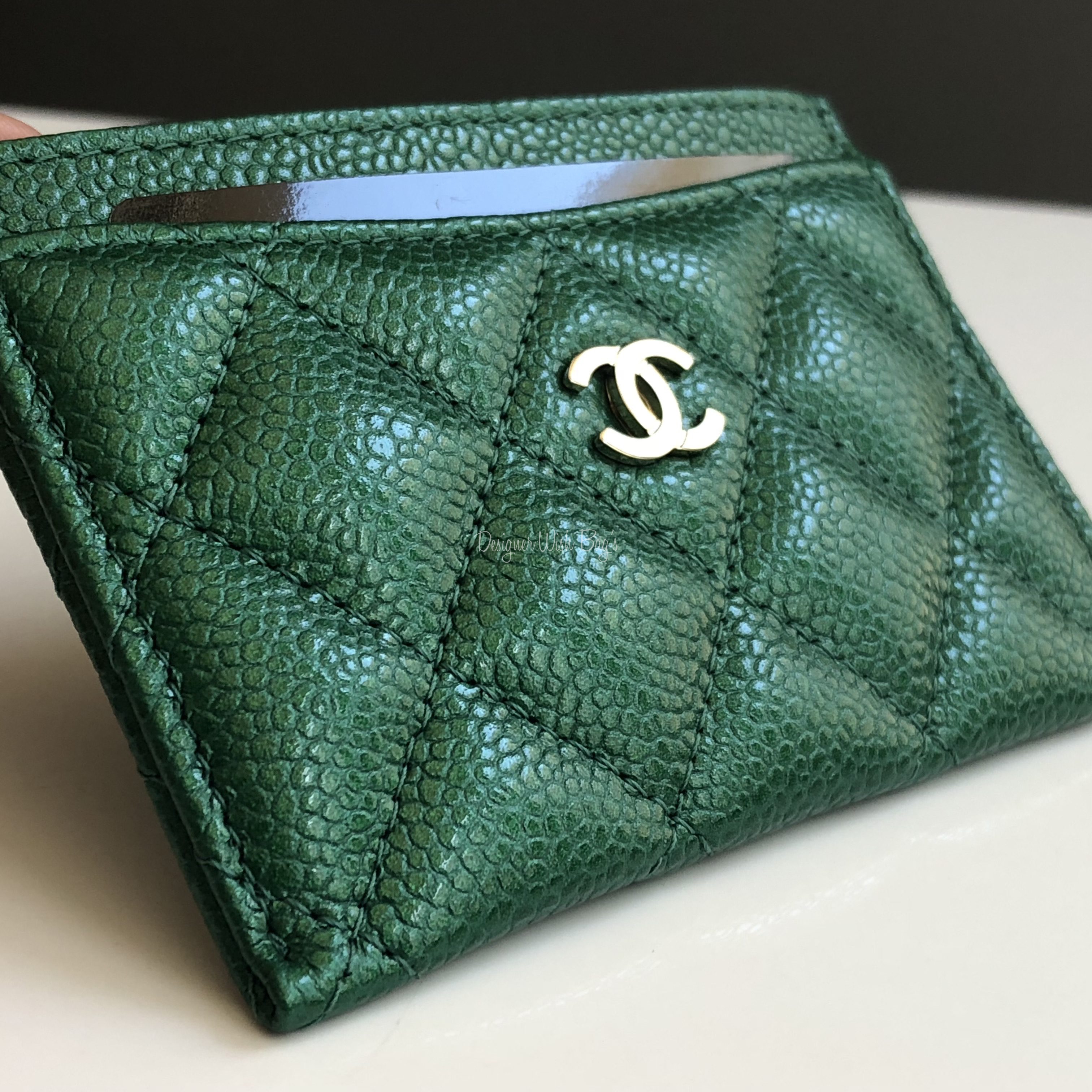 22P Iridescent green Chanel Card Holder, Luxury, Bags & Wallets on