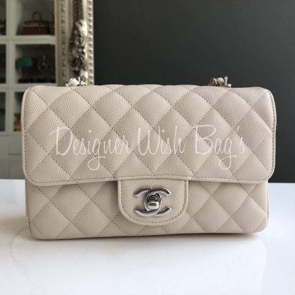 Chanel Classic Mini Rectangular, Light Beige Caviar with Silver Hardware,  Preowned in Dustbag WA001