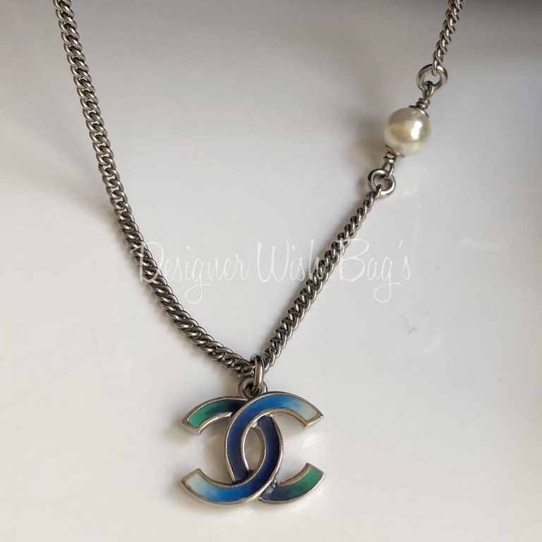 Chanel Necklace Blue CC Pearl - Designer WishBags
