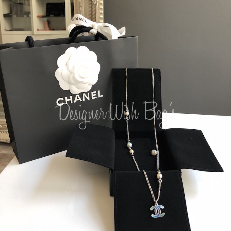 Chanel Necklace Blue CC Pearl - Designer WishBags