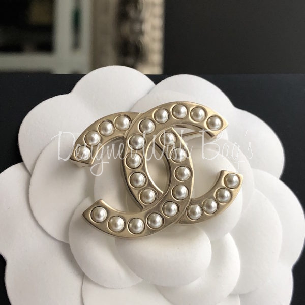 Chanel Brand New Grey CC Pearl Crystal Brooch