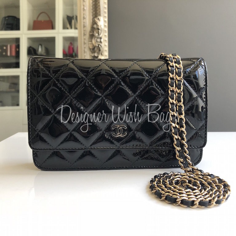 Chanel Vintage Black Patent Leather Timeless Wallet on Chain WOC Flap  1112c59