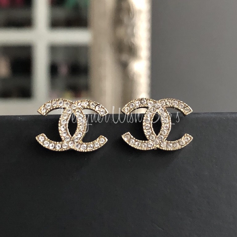 Chanel Medium CC Logo Gold-toned And Rhinestones Earrings at