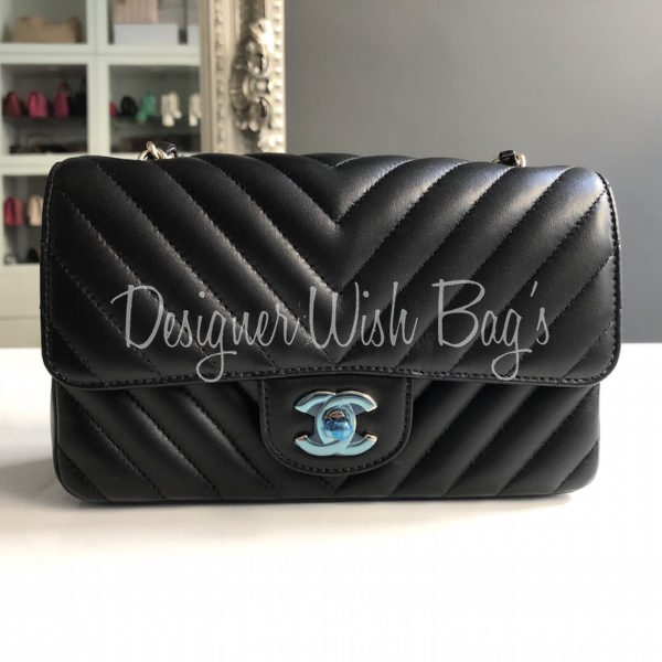 Chanel Vintage Classic Double Flap Bag Chevron Lambskin Medium Blue 6019611