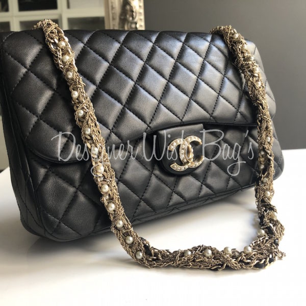 Black Quilted Westminster Embellished Imitation Pearl Chain Medium Flap Bag  Gold Hardware, 2015