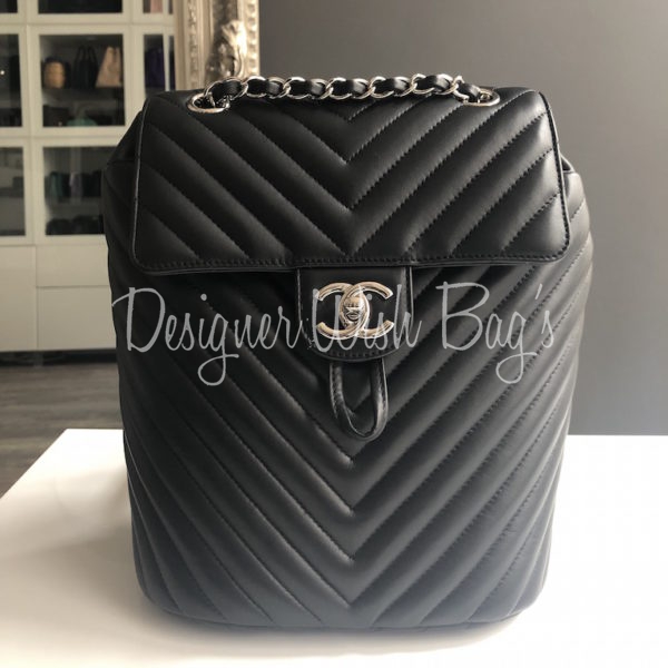 CHANEL Chevron V Stitch Rucksack Backpack Leather Silver A91121