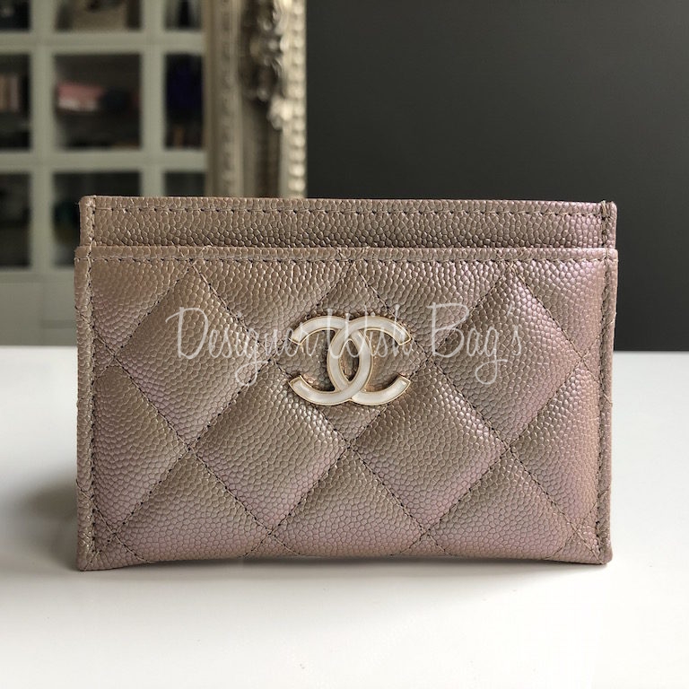 NEW Chanel 19S Beige Iridescent Grained Lambskin Card Holder Wallet Pearl  CC