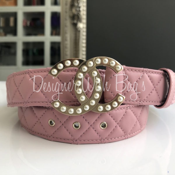 CHANEL Patent CC Logo Skinny Belt 85 34 Pink 443444