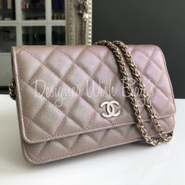 19S Chanel Iridescent Taupe Beige Rose Gold Pearly CC Wallet on