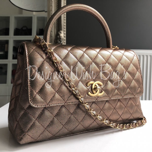 Chanel Gold Quilted Calfskin and Caviar Mini Chain Handle Flap Gold Hardware, 2019 (Like New), Womens Handbag