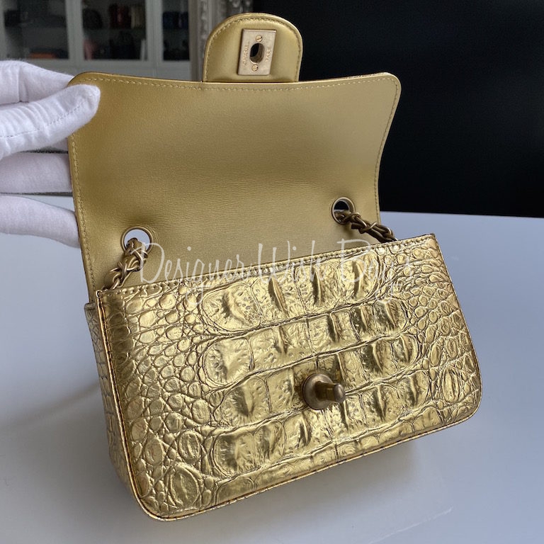 Chanel Gold Metallic Calfskin Crocodile Embossed Rectangular Mini Flap –  Coco Approved Studio