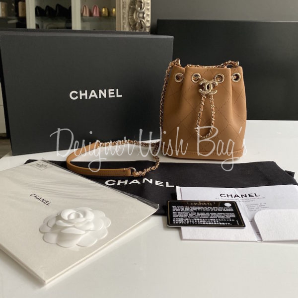 Chanel Gray Quilted Calfskin Mini Drawstring Bucket Bag Gold