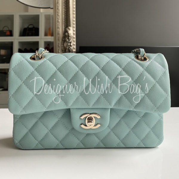 Chanel Classic Medium Double Flap 20C Tiffany Blue Quilted Caviar with  light gold hardware
