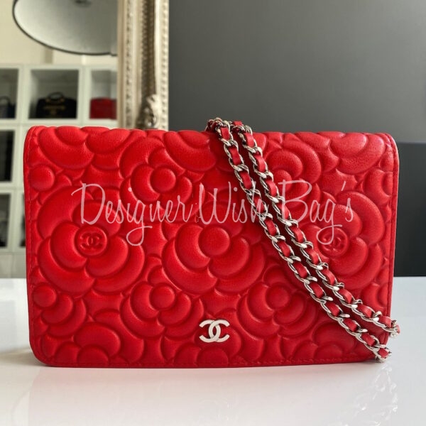 Chanel Camellia Embossed Wallet On Chain WOC Red Lambskin Silver Hardw –  Coco Approved Studio