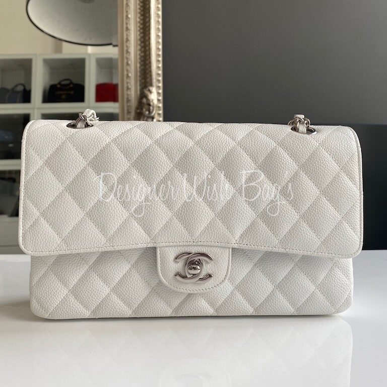 CHANEL Caviar Quilted Medium Double Flap White 17742  FASHIONPHILE