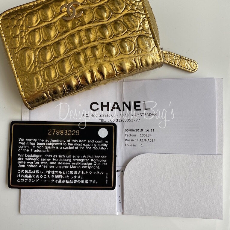 CHANEL 19A Gold Chevron Card Holder Case Zip Coin Purse 2019 Cocodile  MultiColor
