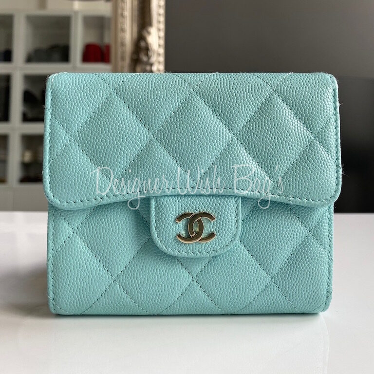 CHANEL 20C Tiffany Blue Caviar Zip Flap Card Holder with Multi Back Slots   Dearluxe
