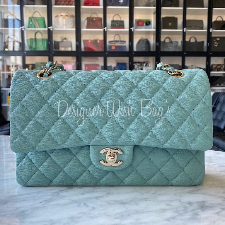 20C Tiffany Blue Caviar Quilted Classic Double Flap Medium Light Gold  Hardware