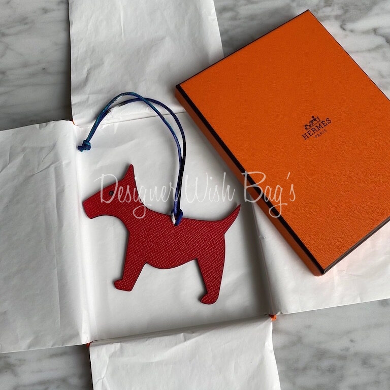 NEW Hermes DALMATIAN dog Petit H calfskin leather bag charm, red