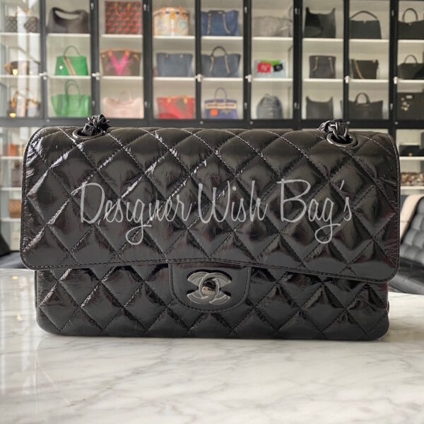 Chanel So Black Classic Double Flap Bag Quilted Shiny Crumpled