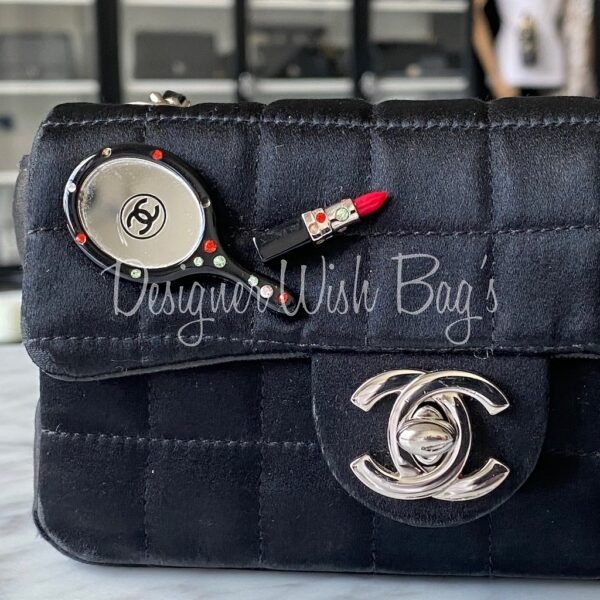 Chanel 2004 Mirror & Lipstick Satin Mini Flap Shoulder Bag Black