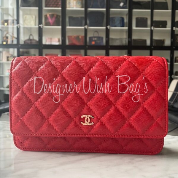 Chanel red caviar leather wallet on chain ( WOC ) with silver hardware