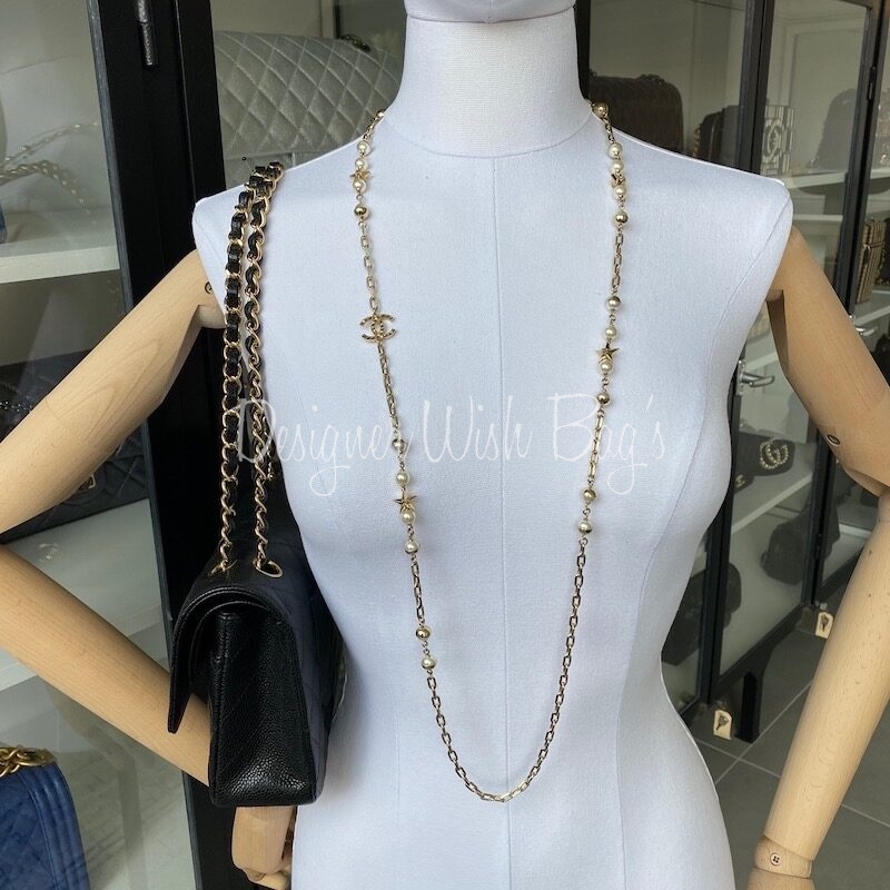 CHANEL Pearl CC Long Necklace Light Gold 213657