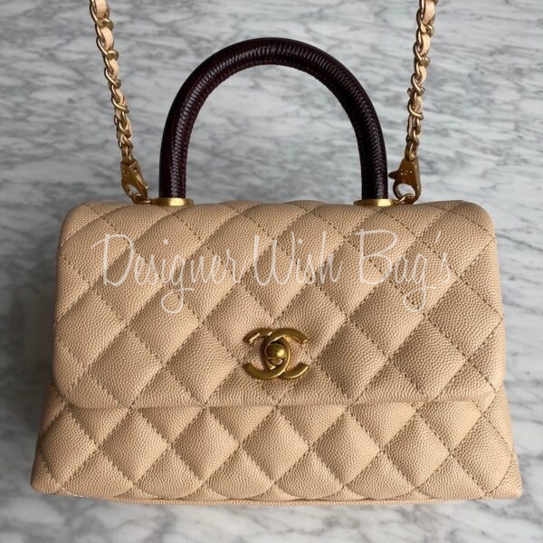 Chanel Beige Quilted Caviar Mini Coco Top Handle Pale Gold