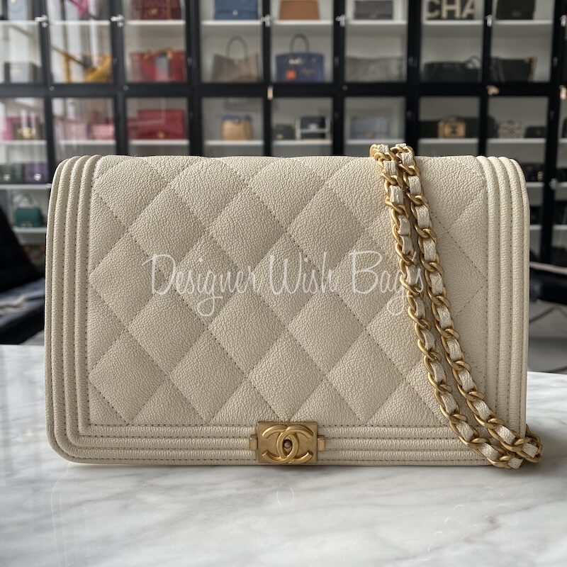 Chanel Ivory Quilted Caviar Boy Wallet On Chain (WOC)