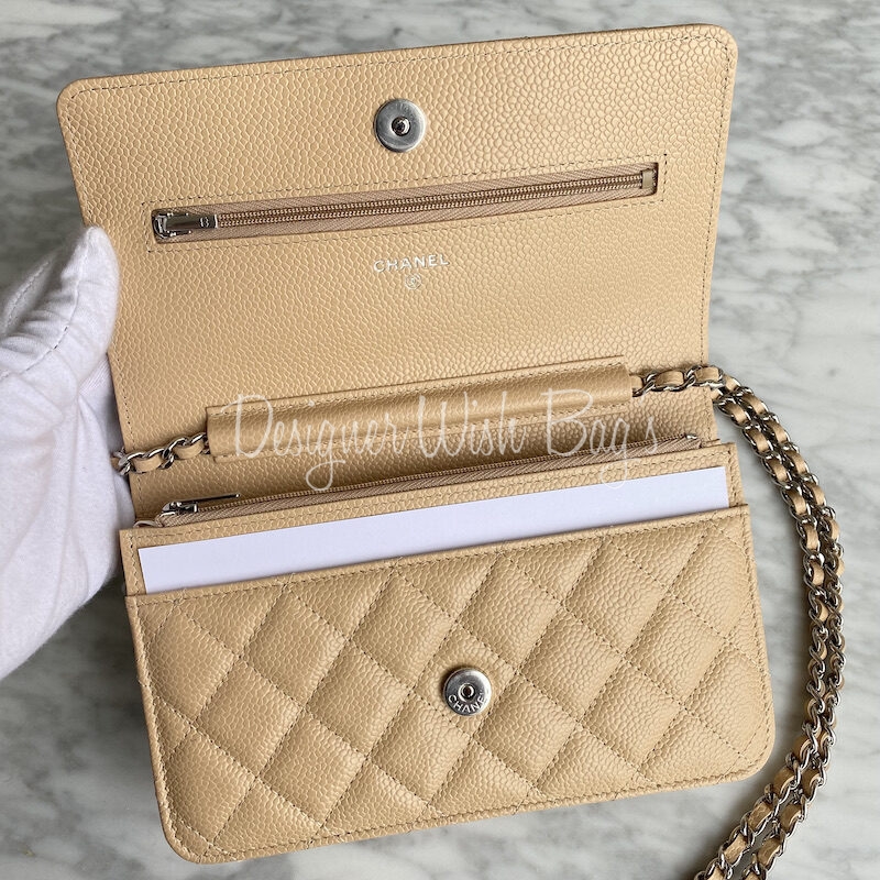 CHANEL Beige Clair Caviar Wallet on Chain with Silver Hardware