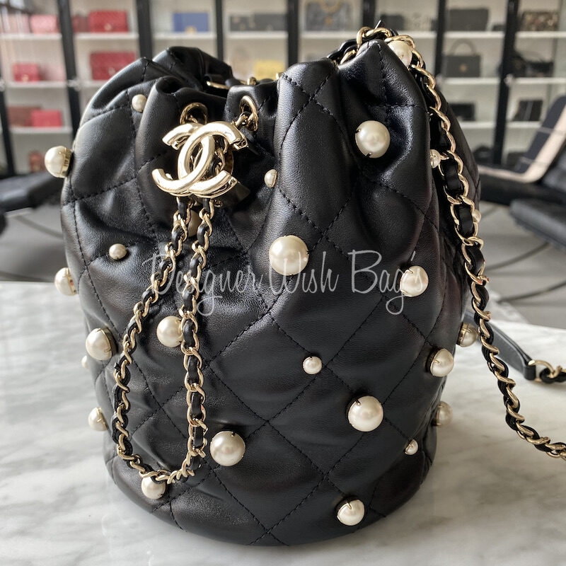 CHANEL Pink Mini About Pearls Drawstring Bucket Bag Quilted Lambskin Leather