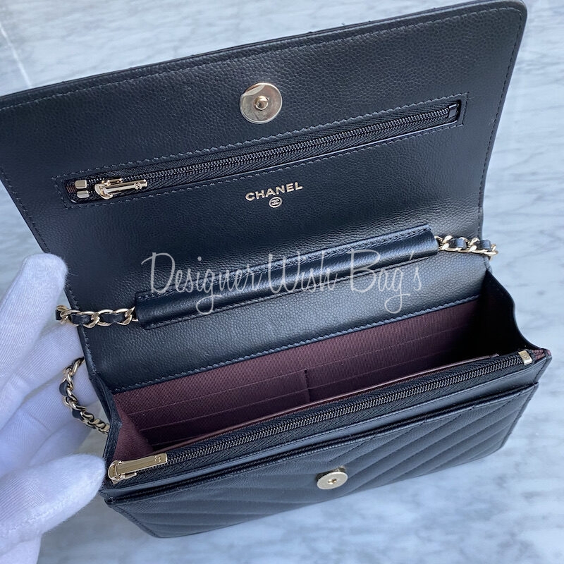 New Chanel Black Caviar Chevron Charms WOC Wallet on Chain Flap Bag –  Boutique Patina