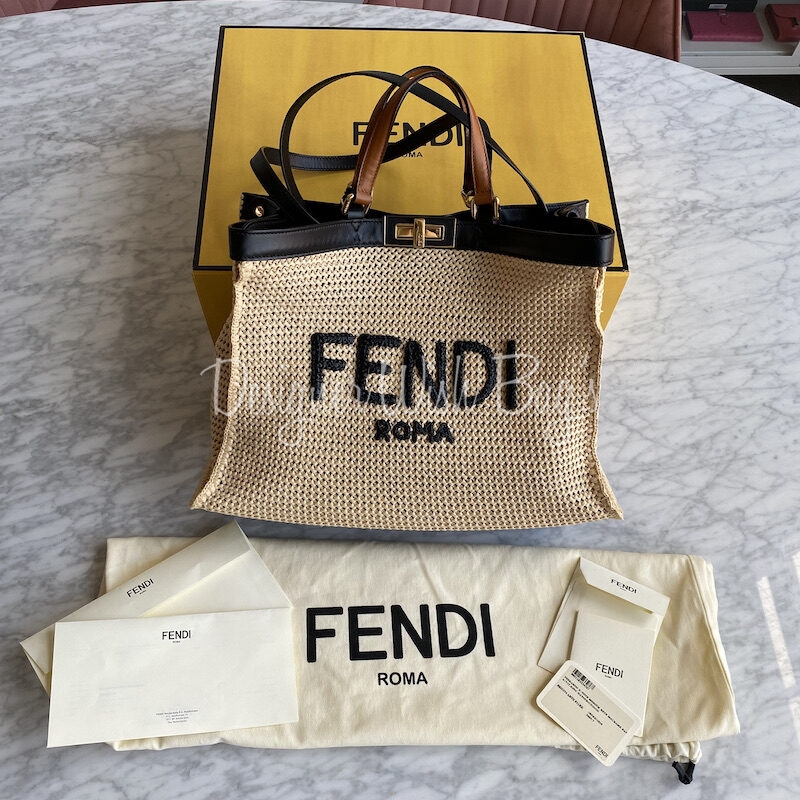 Fendi Burgundy/Cream FF Raffia and Leather Peekaboo X Tote