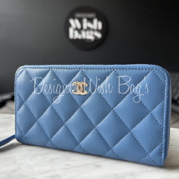 CHANEL Caviar Quilted Small Zip Around Wallet Blue