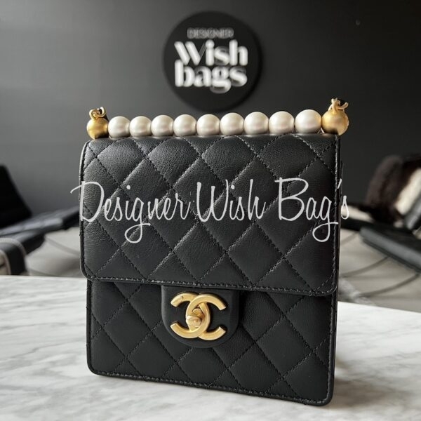 Chanel Pearl Mini Quilted Leather Top Handle Shoulder Bag Black