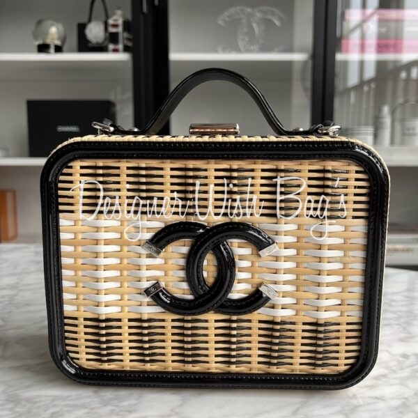 Chanel Vanity Case Beige & White, Rattan, Patent Calfskin & Silver-Ton