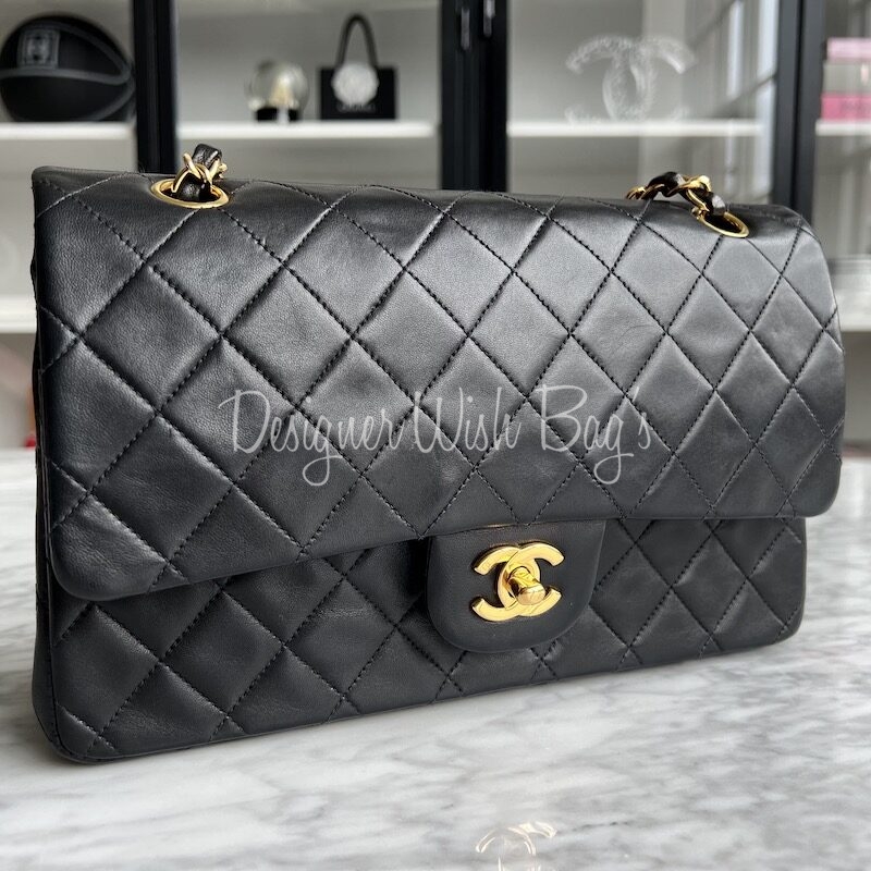 Chanel Vintage M/L Medium Double Flap Bag Black Lambskin 24K Gold