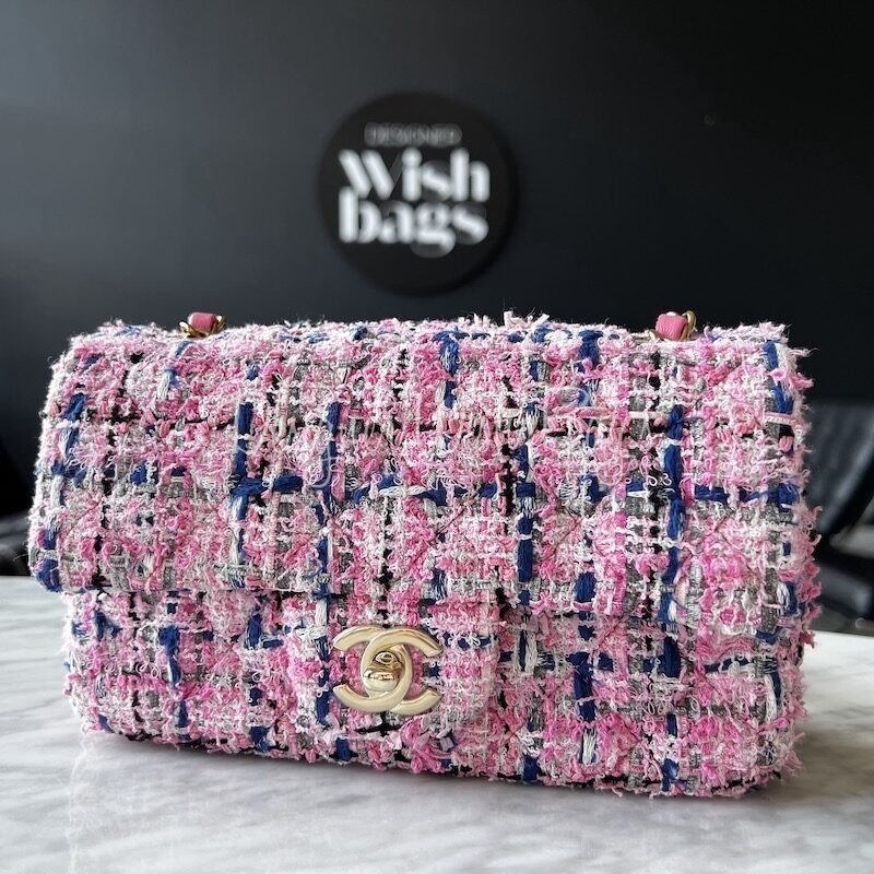 Chanel Mini Classic Rectangular Flap Bag Pink Tweed Gold Hardware