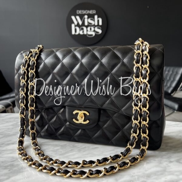black quilted chanel bag with gold chain